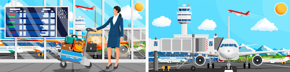 Fototapeta premium Woman in airport with luggage trolley looking at flight information board. Passenger waiting for plane at terminal and boarding bridge with airplane.