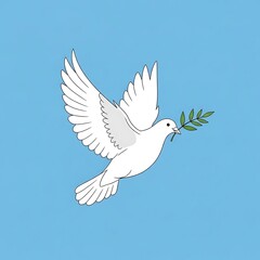 Fototapeta premium Elegant white dove soaring gracefully with a vibrant green olive branch, symbolizing peace and hope in a clear blue sky.