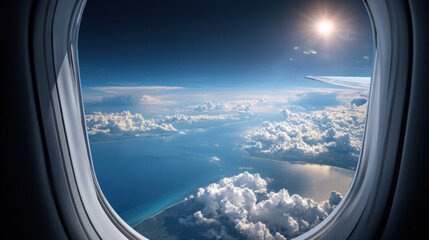View from an airplane window, showcasing a stunning sky and clouds. Looking out of airplane window, image captures a breathtaking view of the sky, fluffy clouds, and sun's radiant glow during flight