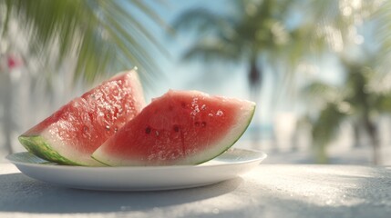 Fresh watermelon slices on a white plate with a tropical background, creating a refreshing summer vibe.