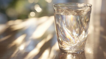 Close-up of a glass of water on a wooden table. the glass is transparent and appears to be empty. the background is blurred, but it seems to be an outdoor setting with greenery visible.