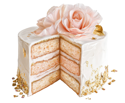 Beautifully decorated multilayered cake with white frosting and pink rose, isolated on transparent background