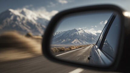 Fototapeta premium A breathtaking view of snow-capped mountains reflected in a car side mirror on a scenic road.