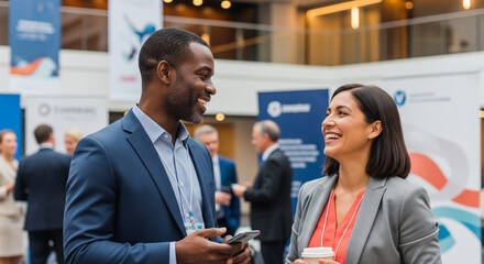 natural shot of two business professionals (40s-50s, diverse) smiling and engaged in conversation at a modern business conference