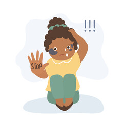 Stop violence against women. Sad kid with gesture - Stop. Equality and tolerance. Stop gender, race discrimination and abuse. Little african american girl with bruise