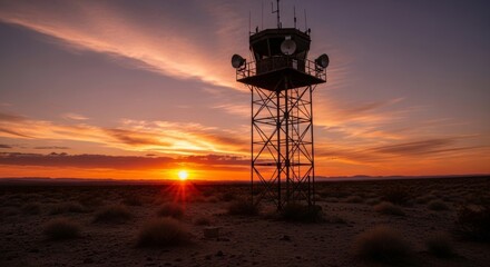 Desert sentinel: Abandoned border tower silhouetted against vivid sunset hues