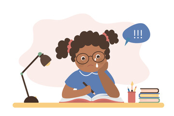 Unhappy student at lessons. Information excessive amount. Stressed african american girl with books piles and notes. Child doing homework. Poor school grades. Kids troubles