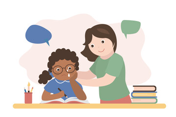 Teacher and mother calming down crying child. Unhappy student at lessons. Information excessive amount. Stressed african american girl with books piles and notes