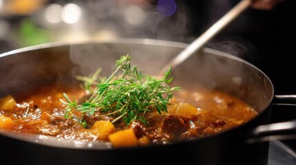 Close-up of a pot of food on a stovetop. the pot is made of stainless steel and has a handle on one side. inside the pot, there is a mixture of meat and vegetables, which appears to be a stew or stew.