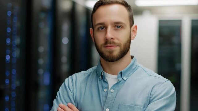 A young professional stands confidently amidst server racks, representing the ever-evolving landscape of technology and the integral role of IT specialists in modern society.