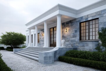 Elegant stone mansion entrance with columns and steps