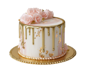 Elegant white cake with gold drip and pink roses isolated on transparent background