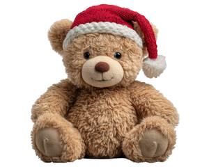 Cute brown teddy bear with Christmas Santa hat. This festive holiday toy clipart isolated for design. sweet and adorable character for seasonal celebration