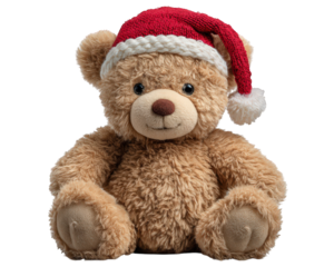 Cute brown teddy bear with Christmas Santa hat. This festive holiday toy clipart isolated for design. sweet and adorable character for seasonal celebration