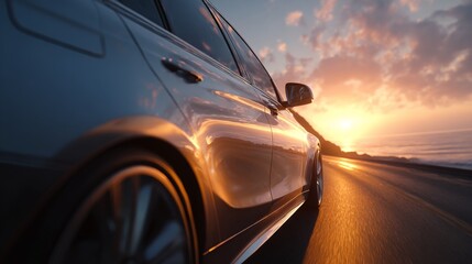 A sleek silver sedan cruising along a coastal road at sunset, reflecting warm hues against the smooth surface.