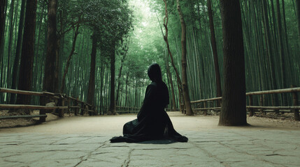Person in black attire meditating in serene bamboo forest setting Person in black clothing sits in meditation on stone path surrounded by lush bamboo forest creating tranquil contemplative atmosphere
