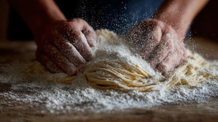 Fototapeta premium Pair of hands kneading dough on a wooden table. the hands are covered in a light dusting of flour, which is spread out on the table in front of them.