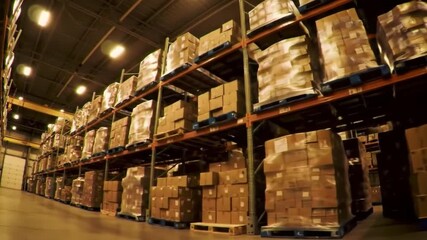 Warehouse filled with stacked boxes on pallets, showcasing organized storage and efficient inventory management