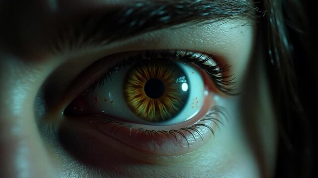 Macro close up of a human eye widening in extreme terror and fear for a Halloween horror concept, designed for cinematic suspense thrillers.