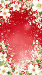 Festive floral greeting card for Christmas, New Year celebrations. Beautiful, vibrant greeting card design featuring white flowers, red berries, snowflakes on red background, perfect for holiday