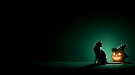 Black cat sits beside a jack-o'-lantern wearing a witch hat in a dimly lit setting perfect for Halloween