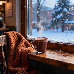 창가에놓인따뜻한핫초코와눈오는겨울풍경