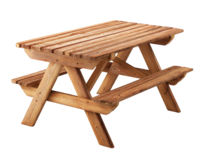 A rustic wooden picnic table with attached benches, isolated on transparent background
