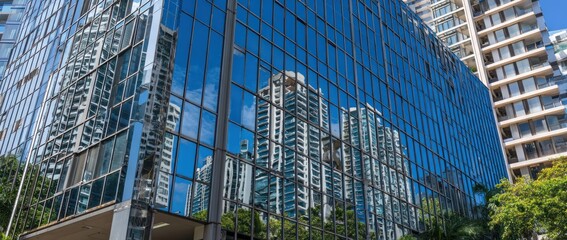 A modern glass-fronted building reflects surrounding structures and blue sky in urban setting