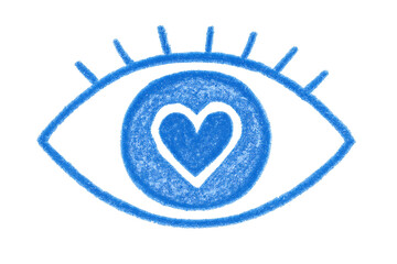 Drawn Evil Eye with Heart Icon: Blue Crayon Sketch Symbol of Love, Protection, and Spiritual Sight for Artistic and Wellness Design
