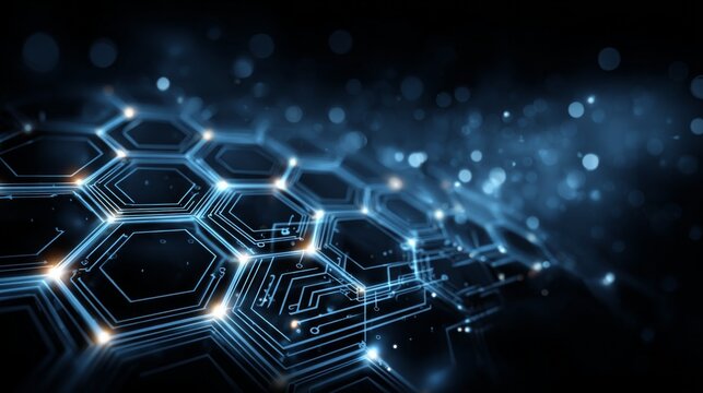 Glowing hexagonal circuit pattern on futuristic digital surface in dark blue tones.