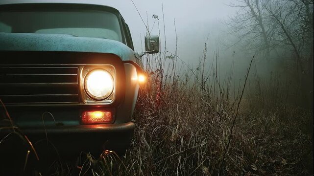 Old van blinking headlights in mysterious halloween fog. Moody atmosphere in the woods. Horror, spooky, fear concept. Video footage.