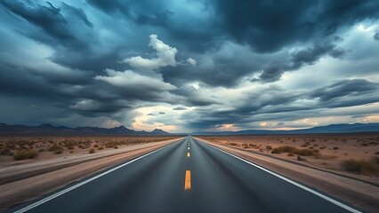 Fototapeta premium A deserted road stretches toward the horizon under dramatic cloudy skies, creating a cinematic mood.