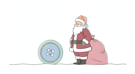 Cartoon illustration of santa claus standing next to a large oval wreath with a sack of gifts behind him isolated on white background