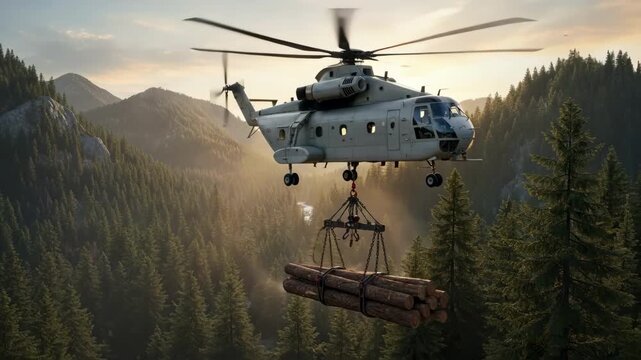 Medium shot of a helicopter lifting heavy logs from a dense forest using specialized rigging in a challenging terrain.