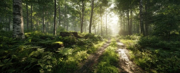 Obraz premium Lush forest path bathed in sunlight; trees line the way, ferns and ground cover surround