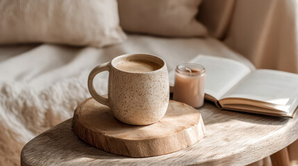 A warm coffee mug on a wooden tray with a candle and an open book in a cozy bedroom interior