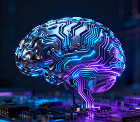 3D illustration of an artificial brain with glowing blue and purple circuits, symbolizing artificial intelligence, digital technology, and futuristic neural connections.