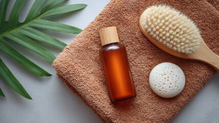 Spa wellness with natural skincare products essential oil brush towel relaxation beauty self care organic cosmetic treatment and home therapy
