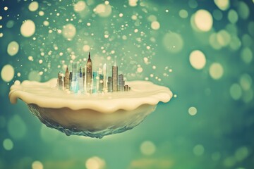 Miniature City Floating in Creamy Liquid Against a Bokeh Background