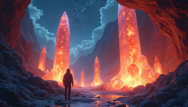 Lone explorer gazes at giant luminous crystal pillars inside cavern. Fiery glowing formations illuminate rocky landscape under starry night sky. Surreal fantasy journey.