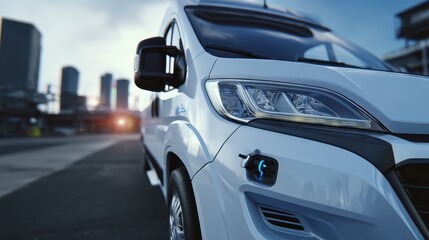 Medium shot of an electric delivery van parked with sharp focus on charging port blurred urban background highlights ecofriendly fleet management.