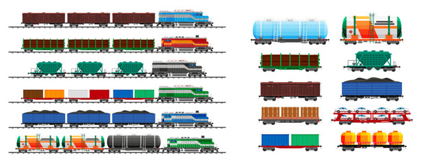 Freight train locomotives and various cargo wagons set. Rail transport for goods delivery. Flat style railway vehicle collection.