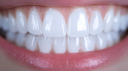 Obraz premium Macro close-up of bright white teeth with shiny lips, dental health and cosmetic dentistry concept