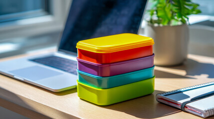 A stack of colorful plastic lunch boxes on an office desk, bright containers with a laptop, notepad and a green plant