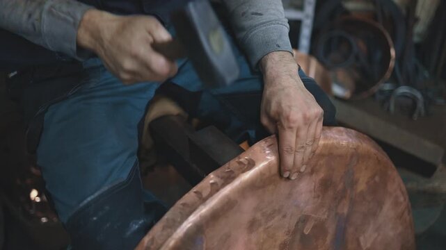 Traditional coppersmith workshop for copper brewing pots manufacturing. This handmade brewery kettles will be used for making traditional alcohol brandy drinks. Small traditional business concept.