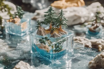 Miniature island ecosystem encased in a transparent ice cube