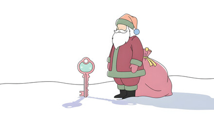 A cheerful santa claus stands with a large sack of gifts next to a vintage street lamp in a snowy landscape isolated on white background