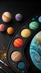 Miniature Planet Arrangement within an Artist's Palette