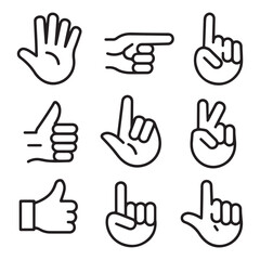 Set of hand gestures icons, finger pointing, thumbs up, and sign language vector design pack
