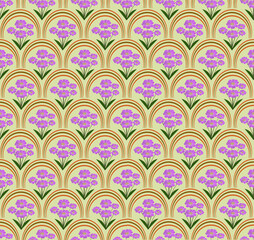 A decorative repeating pattern with clusters of small purple and pink flowers nestled inside a semi-circular, rainbow-striped arch design against a light green background. © Bunchana